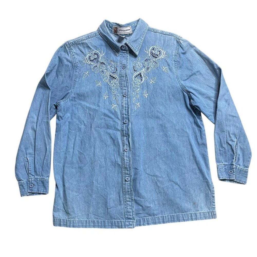 Vintage Passion Embroidered Denim Button Down Shirt Women’s SZ S Floral Top